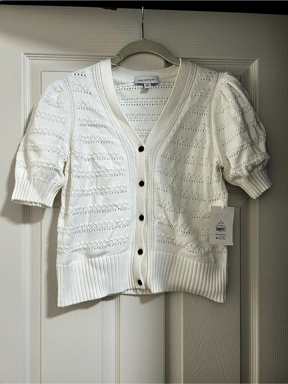 Free Assembly Puff Sleeve Crocheted Cardigan White Medium NWT